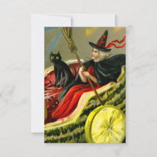 Vintage Halloween Black Cat and Witch Kort
