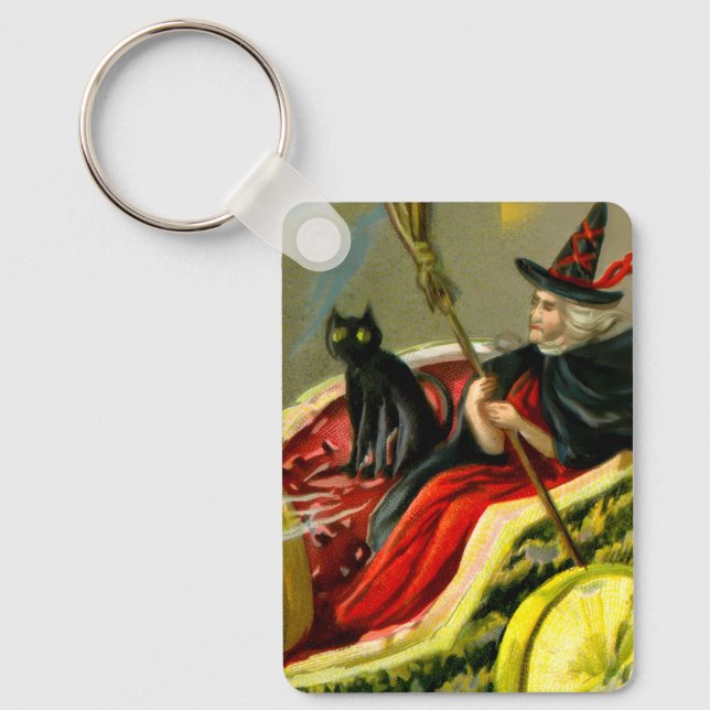 Vintage Halloween Black Cat and Witch Nyckelring (Framsida)