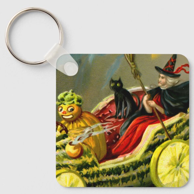 Vintage Halloween Black Cat and Witch Nyckelring (Framsida)