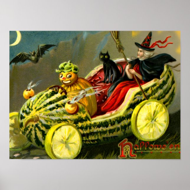 Vintage Halloween Black Cat and Witch Poster (Framsidan)