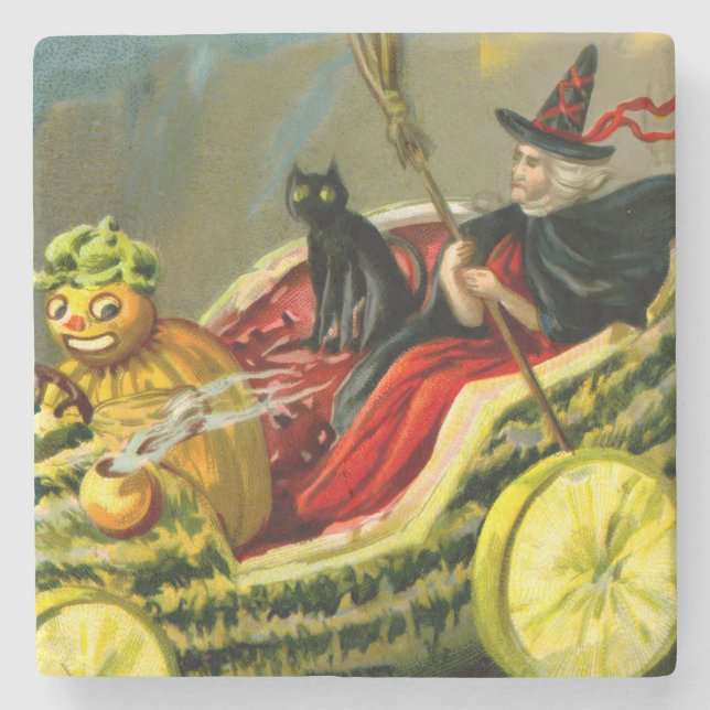 Vintage Halloween Black Cat and Witch Stenunderlägg (Framsidan)