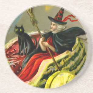 Vintage Halloween Black Cat and Witch Underlägg