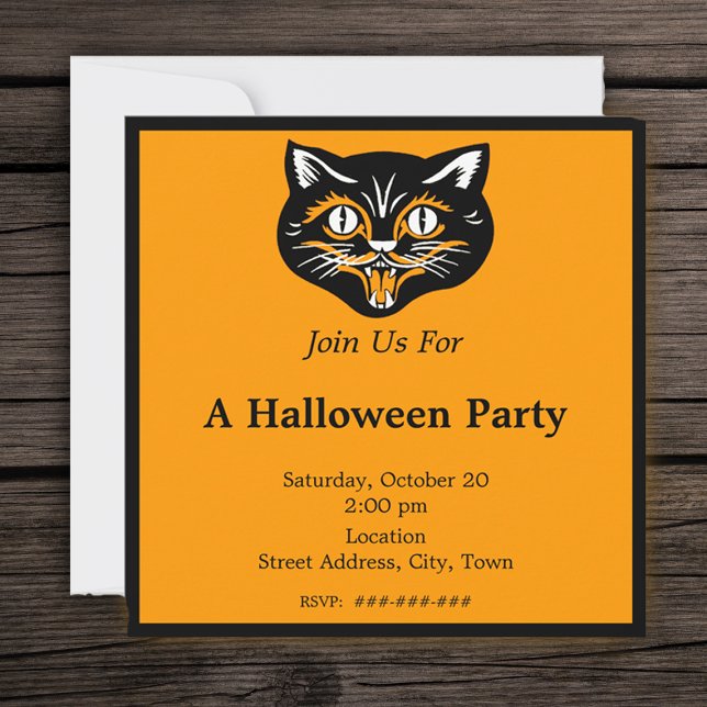 Vintage Halloween Black Cat Ansikte Party Inbjudningar (Black cat vintage Halloween face on orange and black Halloween party invitation.)