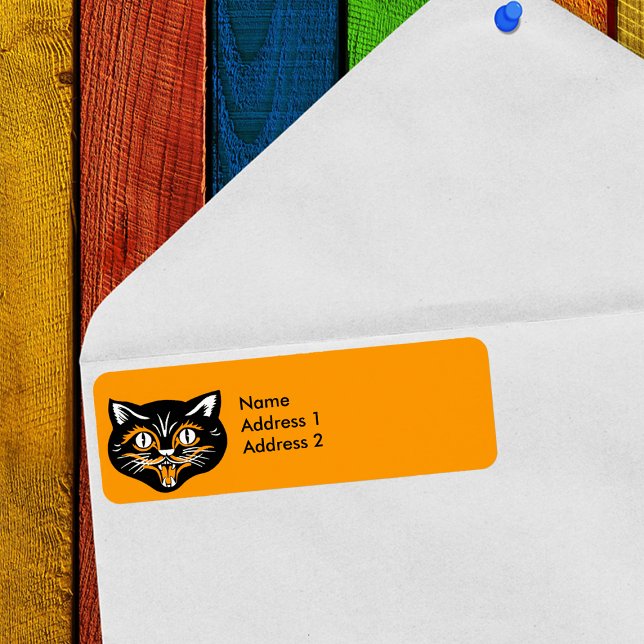 Vintage Halloween Black Cat Ansikte Returadress Etikett (Halloween vintage black cat face return address labels)