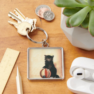 Vintage HALLOWEEN Black Cat Fyrkantig Silverfärgad Nyckelring