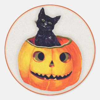Vintage Halloween - Black Cat in a Jack O'Lantern Runt Klistermärke