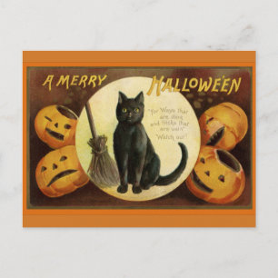 Vintage Halloween Black Cat och Carved Pumpkins Vykort