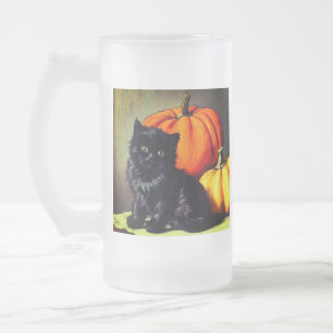 Vintage Halloween Black Cat och Pumpkins Frostat Ölglas