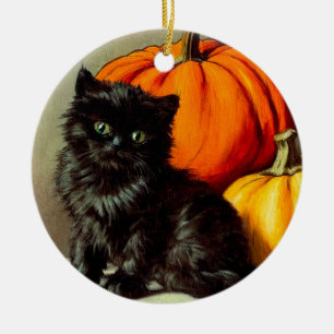 Vintage Halloween Black Cat och Pumpkins Julgransprydnad Keramik