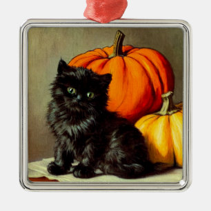 Vintage Halloween Black Cat och Pumpkins Julgransprydnad Metall