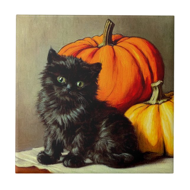 Vintage Halloween Black Cat och Pumpkins Kakelplatta (Framsidan)