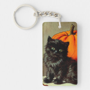 Vintage Halloween Black Cat och Pumpkins Nyckelring