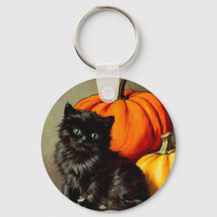 Vintage Halloween Black Cat och Pumpkins Nyckelring