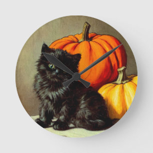 Vintage Halloween Black Cat och Pumpkins Rund Klocka