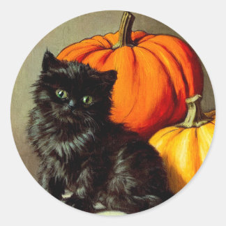 Vintage Halloween Black Cat och Pumpkins Runt Klistermärke