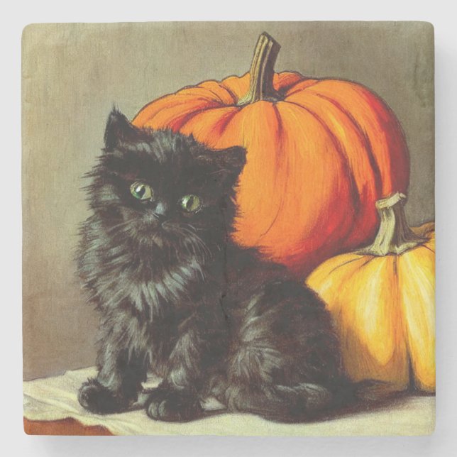 Vintage Halloween Black Cat och Pumpkins Stenunderlägg (Framsidan)