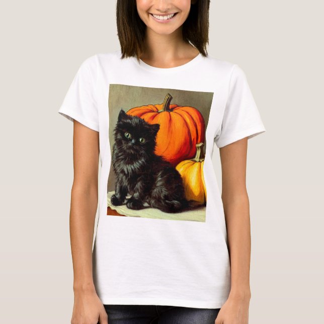 Vintage Halloween Black Cat och Pumpkins T Shirt (Framsida)