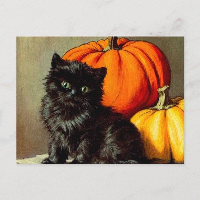 Vintage Halloween Black Cat och Pumpkins Vykort (Framsida)
