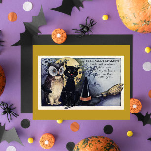 Vintage Halloween Black Cat & Uggla Witch Hat Måne
