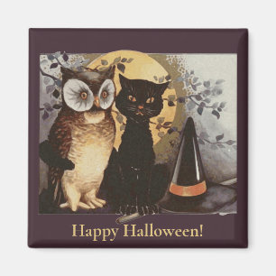 Vintage Halloween Black Cat & Uggla Witch Hat Måne Magnet