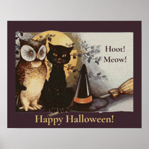 Vintage Halloween Black Cat & Uggla Witch Hat Måne Poster
