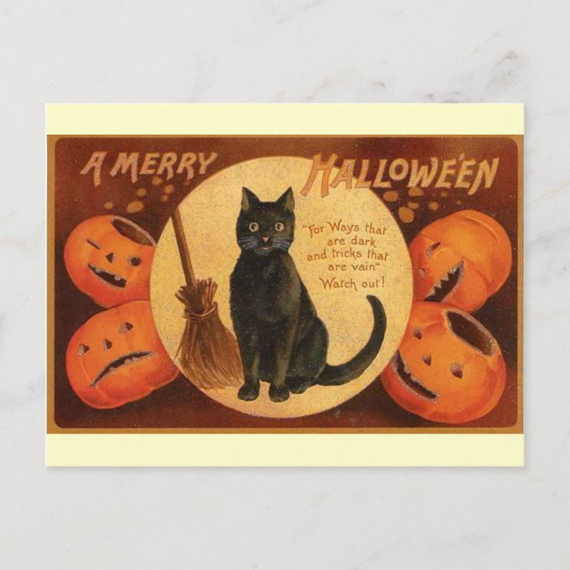 Vintage Halloween Black Cat Vykort (Framsida)