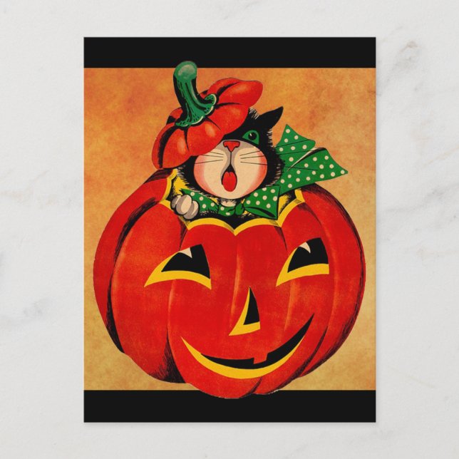 Vintage Halloween Black Cat Vykort (Framsida)