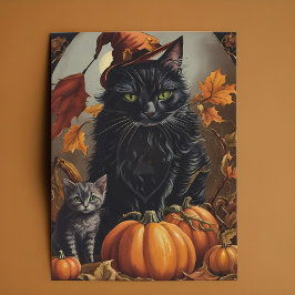 Vintage Halloween Black Cat Witch Kitten Pumpkins Julkort