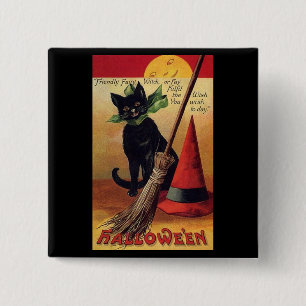 Vintage Halloween Black Cat, Witch's Broom and Hat Knapp