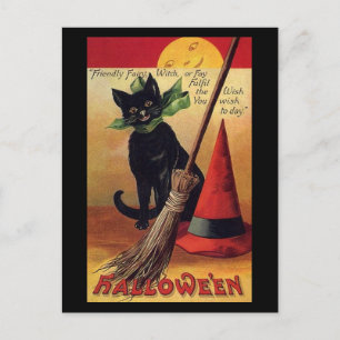 Vintage Halloween Black Cat, Witch's Broom and Hat Vykort