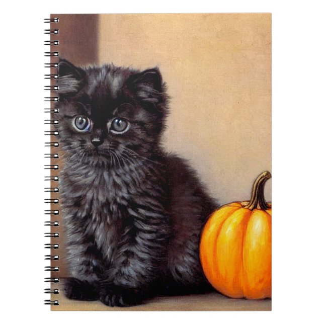 Vintage Halloween Black Kitten Illustration Anteckningsbok (Framsidan)