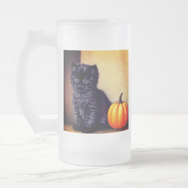 Vintage Halloween Black Kitten Illustration Frostat Ölglas (Vänster)