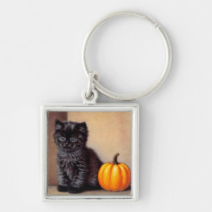 Vintage Halloween Black Kitten Illustration Fyrkantig Silverfärgad Nyckelring