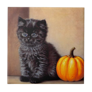 Vintage Halloween Black Kitten Illustration Kakelplatta