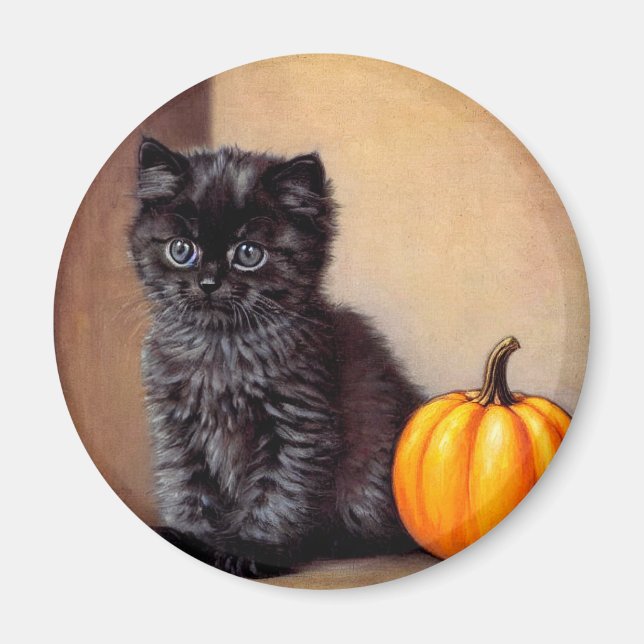 Vintage Halloween Black Kitten Illustration Magnet (Framsidan)
