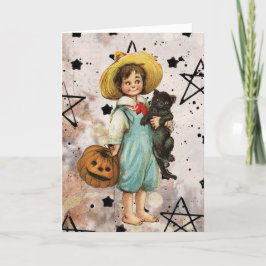 Vintage Halloween Boy och Black Cat Helgkort