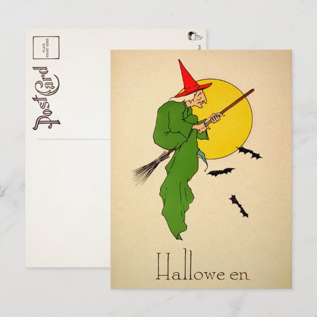 Vintage Halloween Broom Witch-vykort Vykort (Fram/baksida)