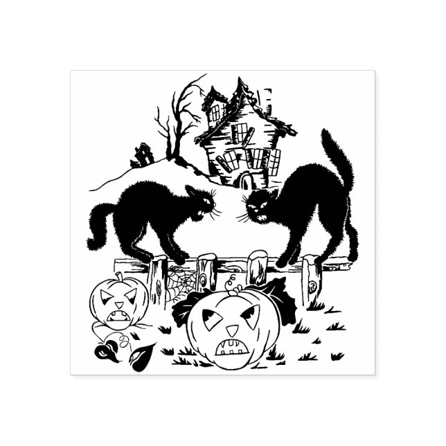 Vintage Halloween Bus eller godis Svarta katter Stämpel (Tryck)