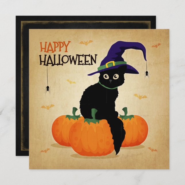 Vintage Halloween Cat och Pumpkins| Inbjudan (Fram/baksida)