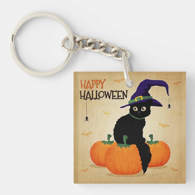 Vintage Halloween Cat och Pumpkins | Nyckelkedja (Framsidan)