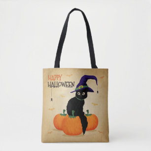 Vintage Halloween Cat och Pumpkins   Tote Bag Tygkasse