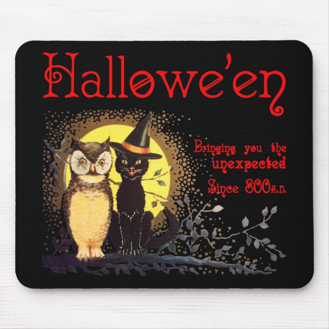 Vintage Halloween Cat och Uggla Mousepad Musmatta (Framsidan)