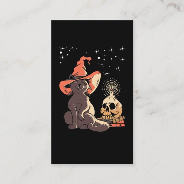 Vintage Halloween Cat Witchy Skull Visitkort (Framsida)