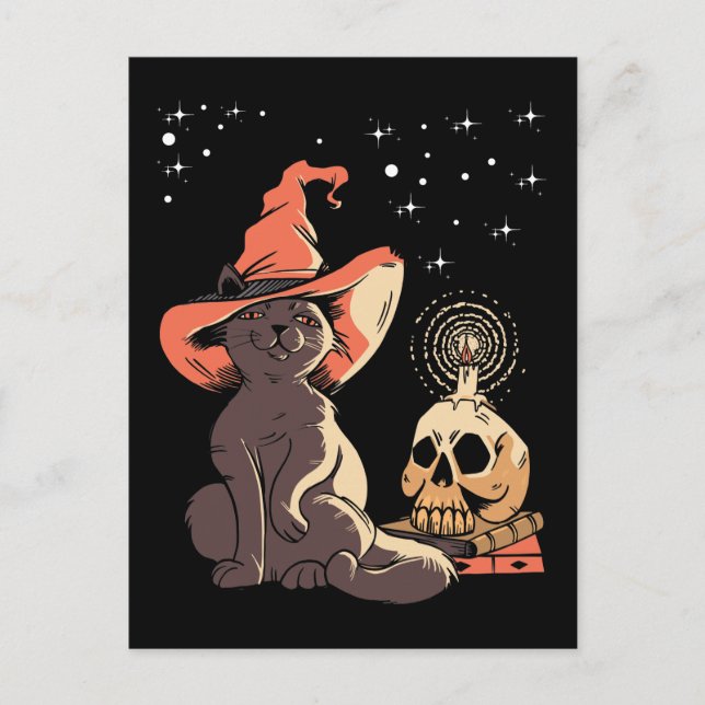 Vintage Halloween Cat Witchy Skull Vykort (Framsida)