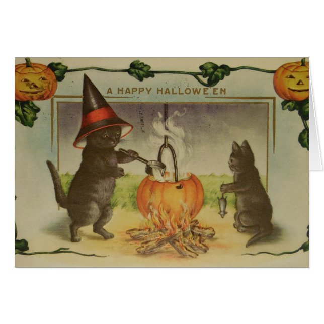 Vintage Halloween Cats Hälsningskort (Framsidan Horizontal)