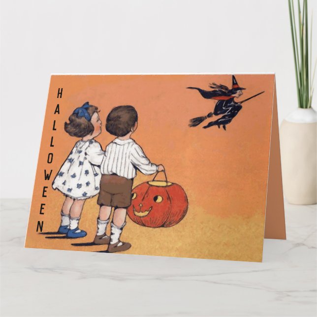 Vintage Halloween Children Witch Pumpkin Kort (Framsida)
