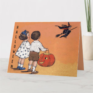 Vintage Halloween Children Witch Pumpkin Kort