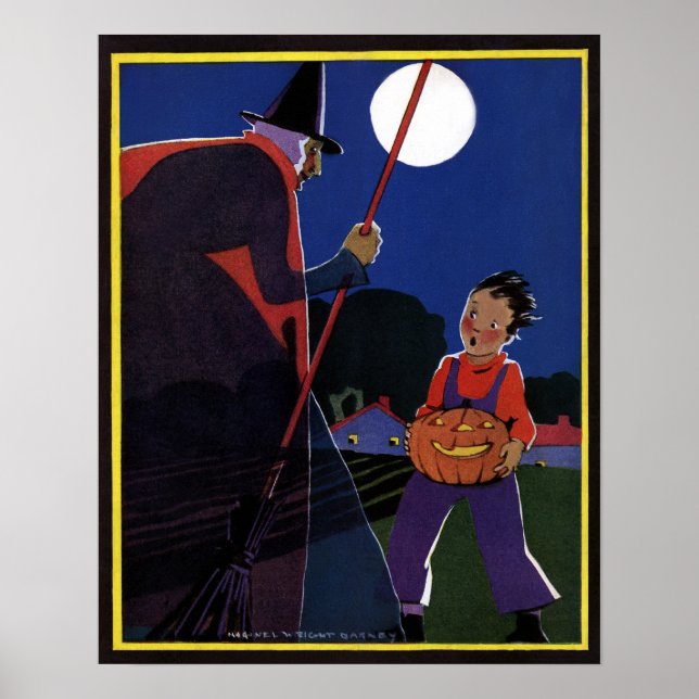 Vintage Halloween, Creepy Witch med Boy Poster (Framsidan)