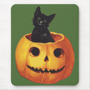 Vintage Halloween, Cute Black Cat i en Pumpkin Musmatta