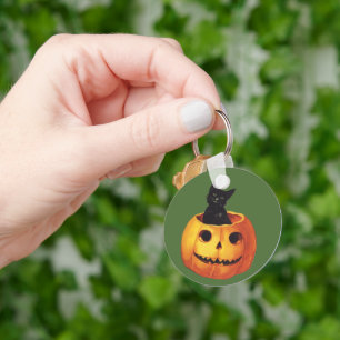 Vintage Halloween, Cute Black Cat i en Pumpkin Nyckelring